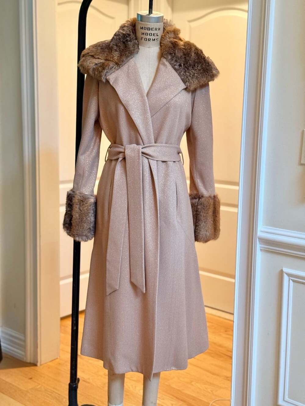 Tracy Reese Camel Lustrous Wool Blend Coat Faux Fur Trim Belted